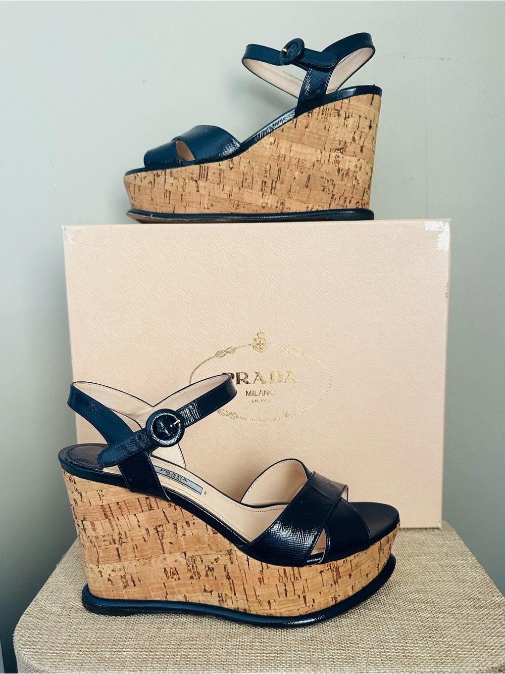Prada Navy Saffiano Leather Cork Wedge Sandals - 37/7